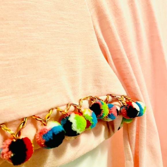 Shein Pink Pom Pom Trimmed Sleeve Tee Shirt - Picture 11 of 15